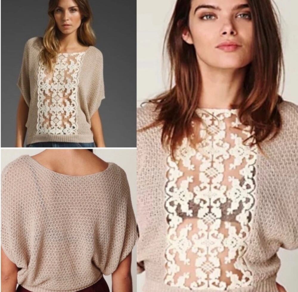 Free People Knit Lace Front Goldie Lurex Beige Sweater Dolman Sleeve Women's L